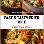 Bowl of Healthy Chicken Fried Rice with veggies beside Hibachi Chicken and Salad Pasta, showing a Simple Chicken Fried Rice Recipe.